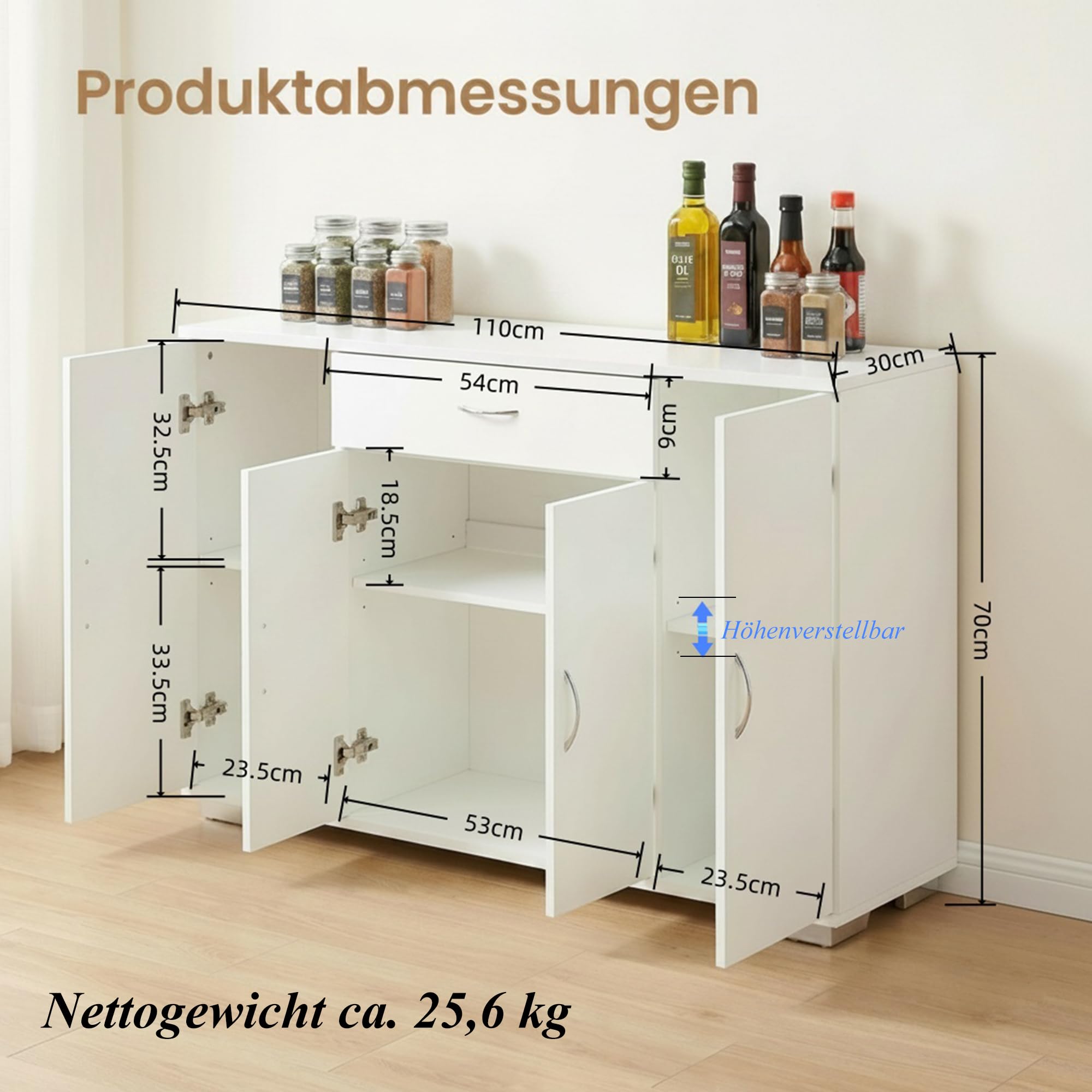 Küchenunterschrank mit Schublade und Türen, Moderner Küchenschrank Unterschrank Stauraum Schrank Sideboard Mehrzweckschrank Küchenmöbel Aufbewahrungsschrank für Küche/Esszimmer/110x30x70CM/Weiß