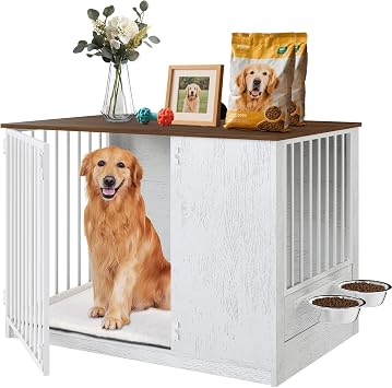 TBWIND Dog Crate Furniture for Large Dogs, 36" Indoor Wooden Dog Kennel with 270 Swivel Door & 360 Rotating Feeder, Decorative Heavy Duty Dog House with Double Locks & Bowls, White