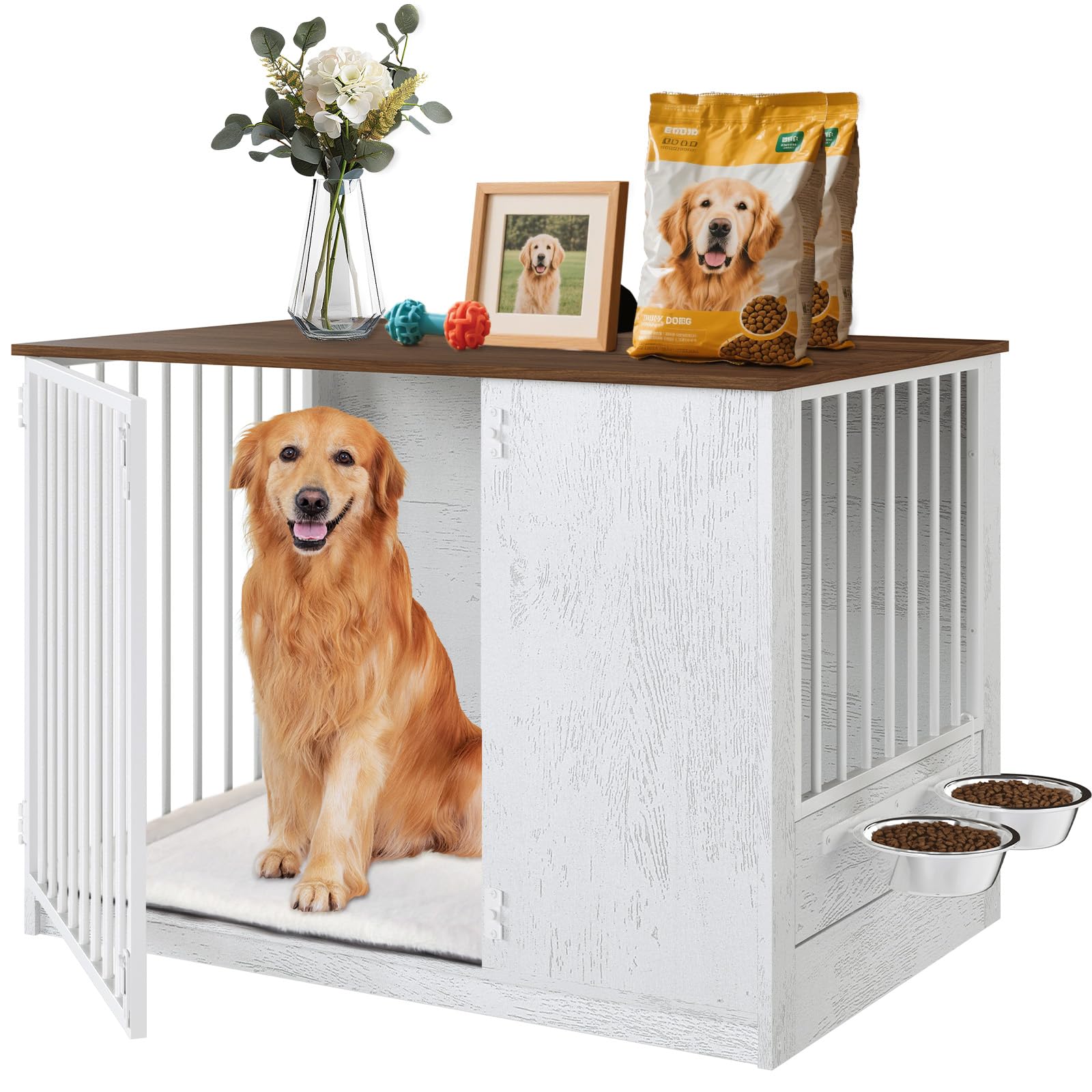 TBWIND Dog Crate Furniture for Large Dogs, 36" Indoor Wooden Dog Kennel with 270° Swivel Door & 360° Rotating Feeder, Decorative Heavy Duty Dog House