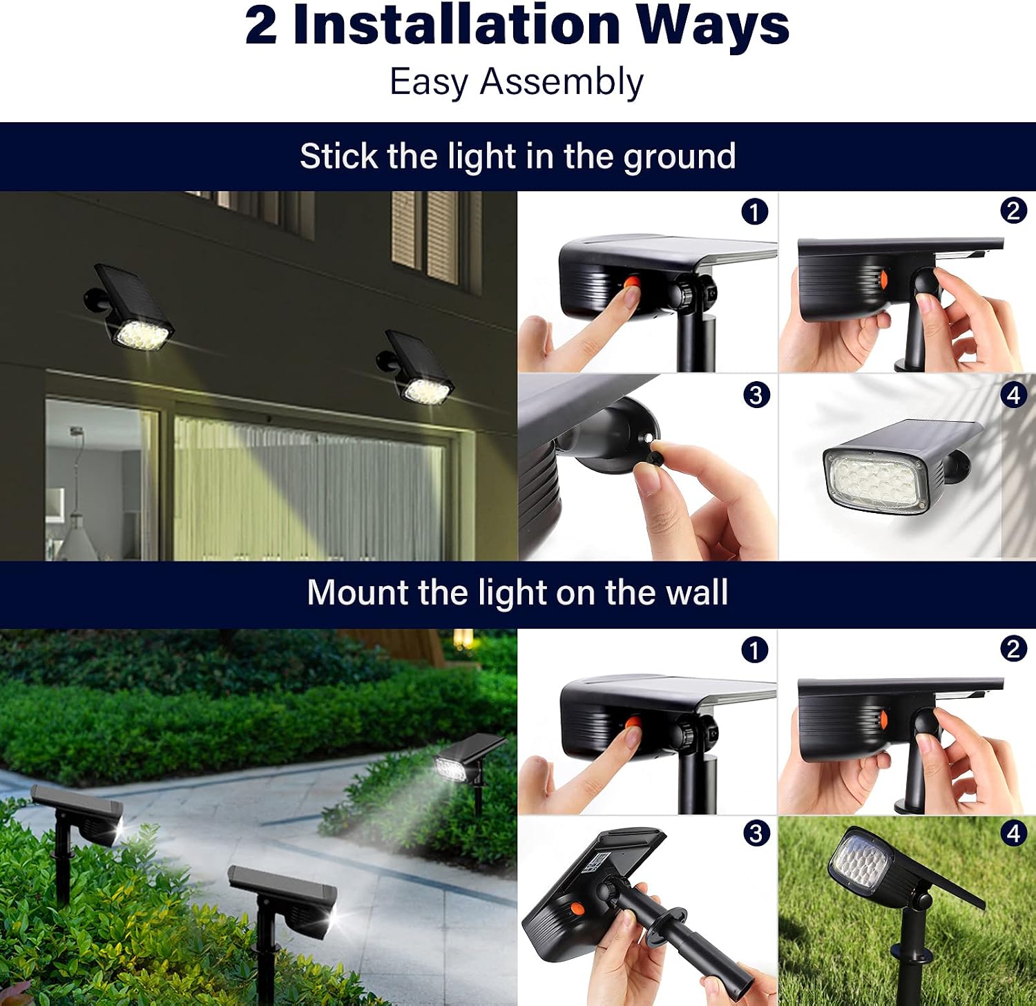 Solar Spotlight, 34 LEDs Solar Landscape Lighting, IP67 Waterproof Solar Lights & 3 Modes Solar Powered Spotlights, Dark Sensing Auto ON/Off for Yard Garden Walkway and Pool 2 Pack