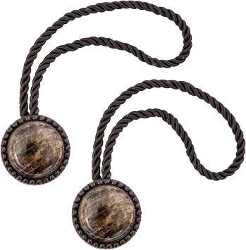 Kenney - Magnetic Tiebacks, Decorative Rope Design with Round Faux-Marble Accents for Curtains and Drapes, No Tools Required, Brown Marble, 2-Pack