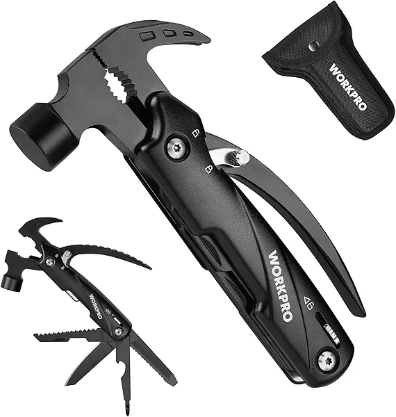 WORKPRO Multitool-12 in 1 Camping Tools with Mini Hammer-EDC Gear Multi Tools Hammer with Safety Lock and Pouch-Mini Multitools Gifts for Men and Women Black