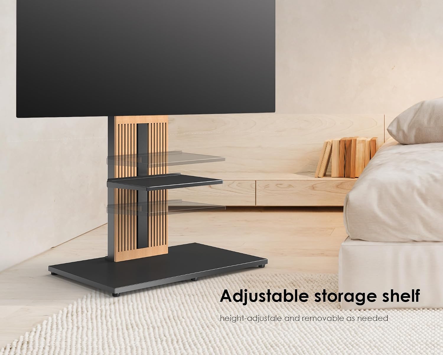 FITUEYES Design Wood TV Mount Stand Swivel for 55-88 inch TV Screens, Nordic Style Tall TV Floor Stand for Home Decor, Reinforced Base, Open Shelf and Hidden Back Storage, Zen Series