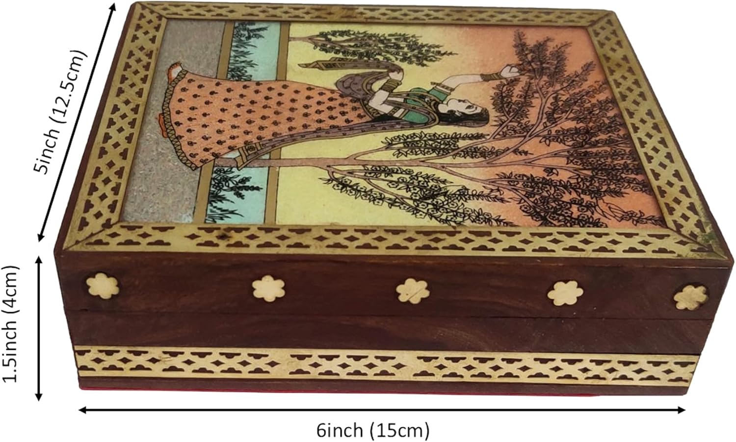 Purpledip Wooden Gemstone Painting Box Folk Lady Ragini: Collectible Souvenir Gift, 4 * 5 Inch (12522E)