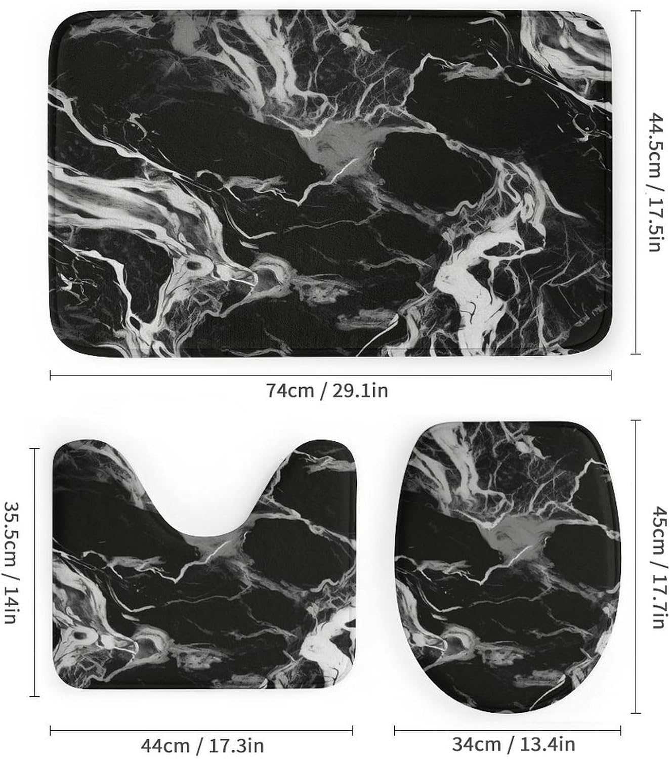 4Pcs Black and White Marble Bathroom Sets Decor with Non-Slip Rugs Fashion Toilet Lid Cover Exquisite U-Shaped Mat Modern Shower Curtain with 12 Hooks Bathroom Decor Accessories image 3