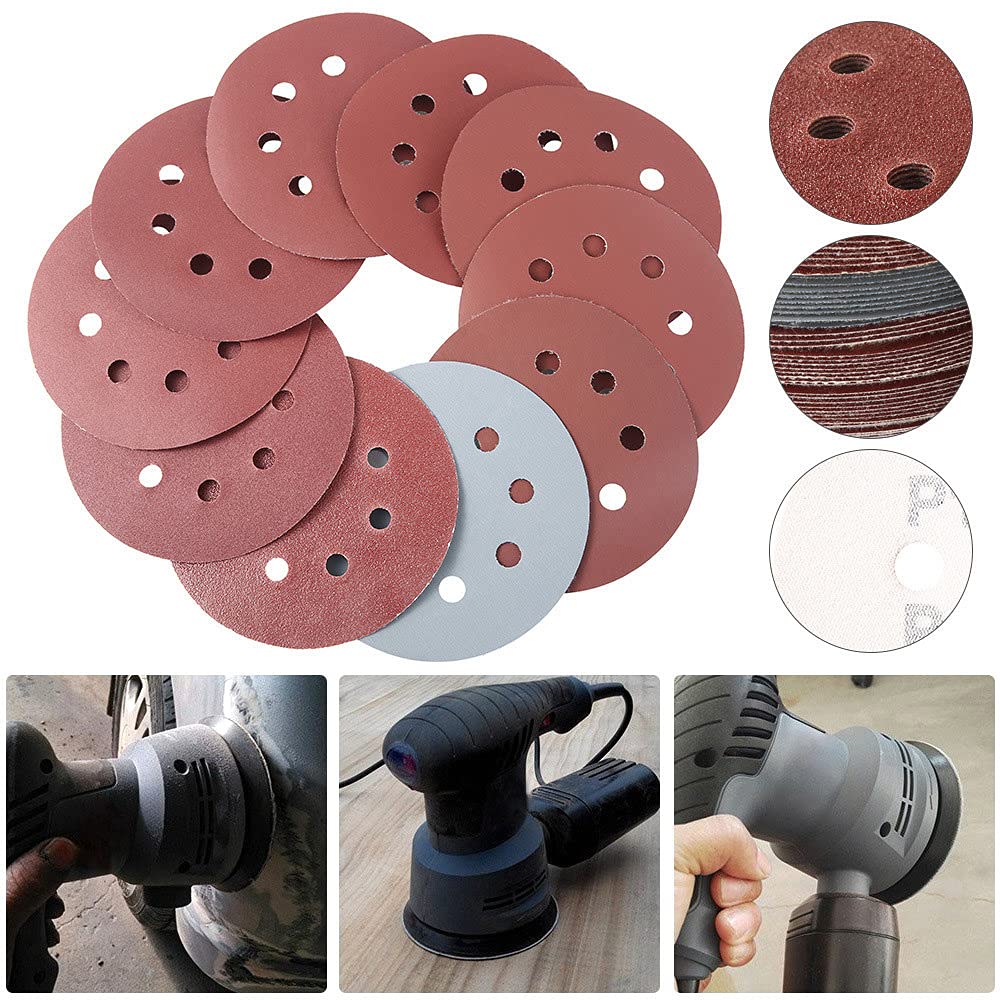 50/100PCS / Set Papel de lija Forma redonda 125mm Discos de lijado Gancho Bucle de papel de lija Hoja de pulido Papel de lija Almohadilla de pulido de 8 orificios, 100PCS, como se muestra
