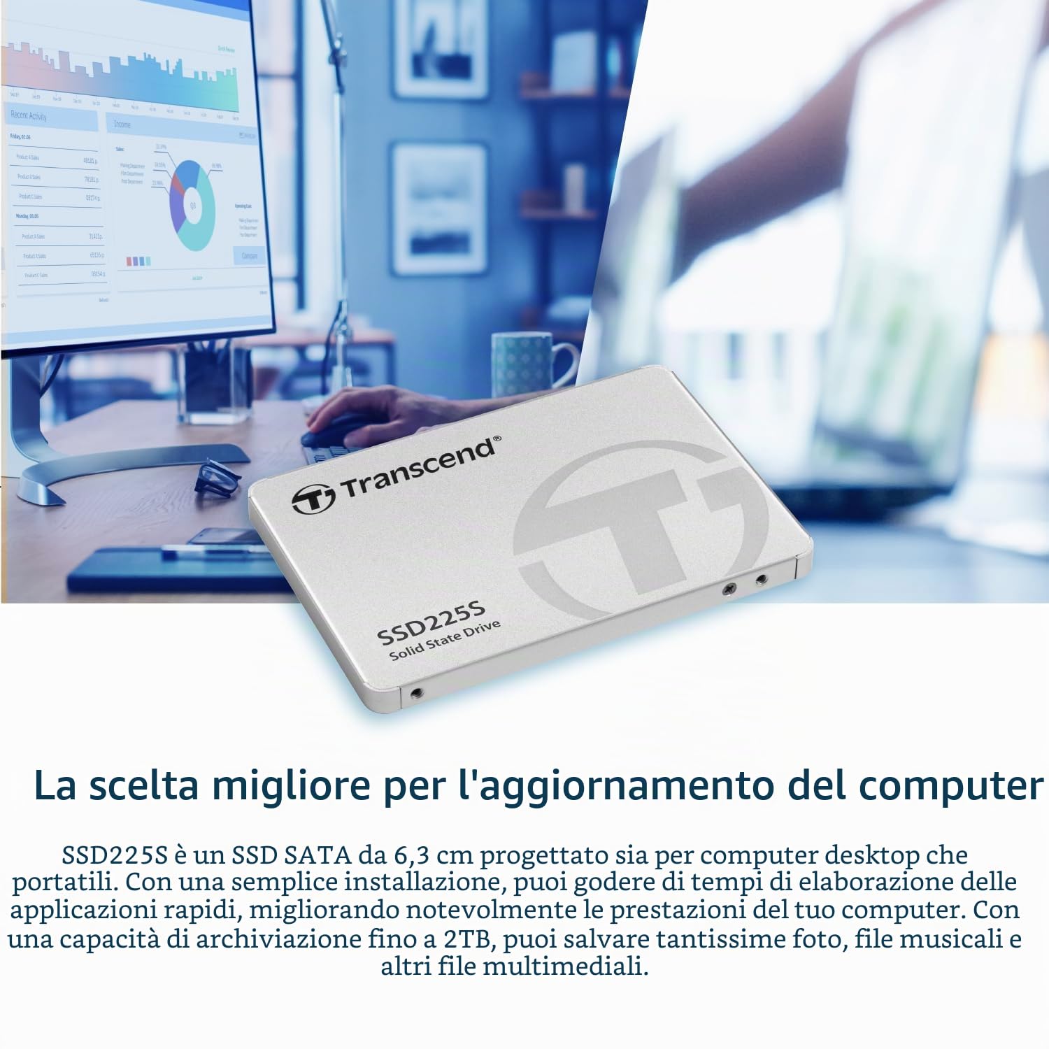 Transcend SSD interno SSD225S SATA III 2,5" (6 Gb/s) da 500 GB - memoria 3D NAND, resistente agli urti - TS500GSSD225S