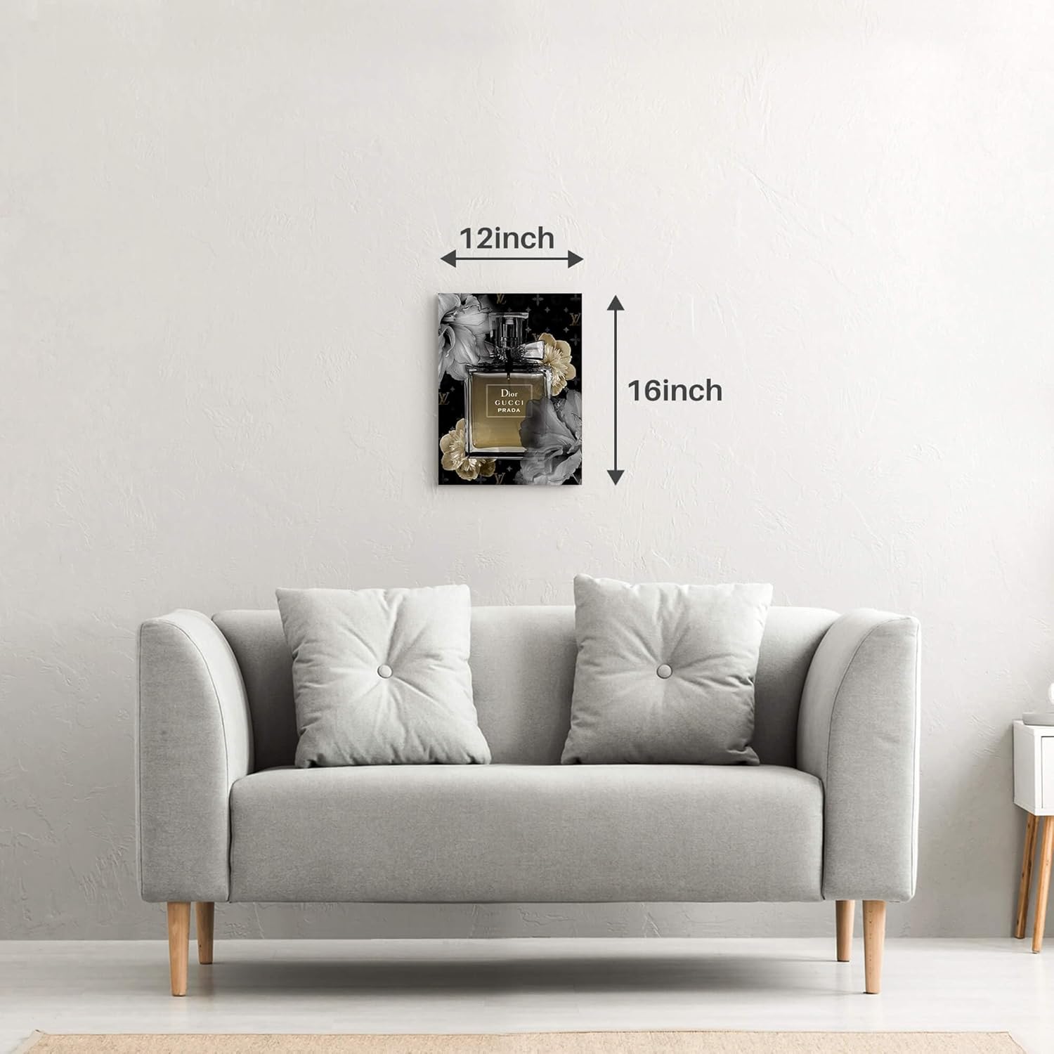 artopia Gold Flower Perfume Bottle Picture: Modern Fashion Paris Decor Grey Floral Canvas Wall Art Contemporary Botanic Girls Painting For Bedroom Bathroom 16x12