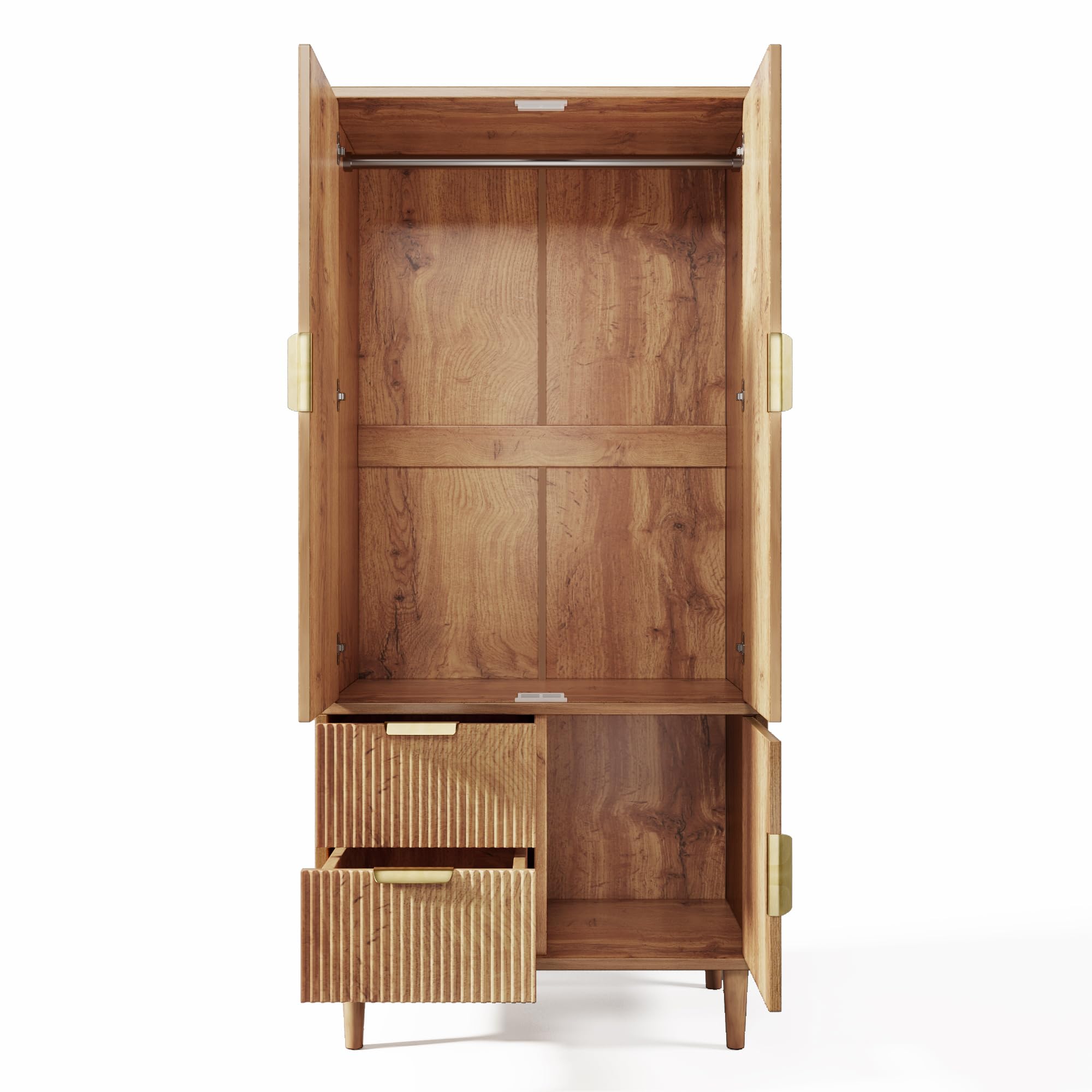 Armario 80 x 50 x 177 cm, aspecto de roble, madera con ranuras 3D, 3 puertas, 2 cajones, con barra para colgar y asas doradas