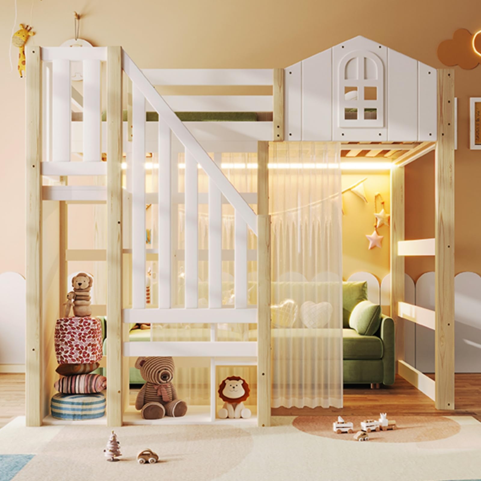 Lit Mezzanine, Cadre de lit pour Adolescent avec éclairage LED, Design de Style fenêtre, échelle de Rangement, Compartiments de Rangement Ouverts, Matelas Non Inclus (140x200cm)