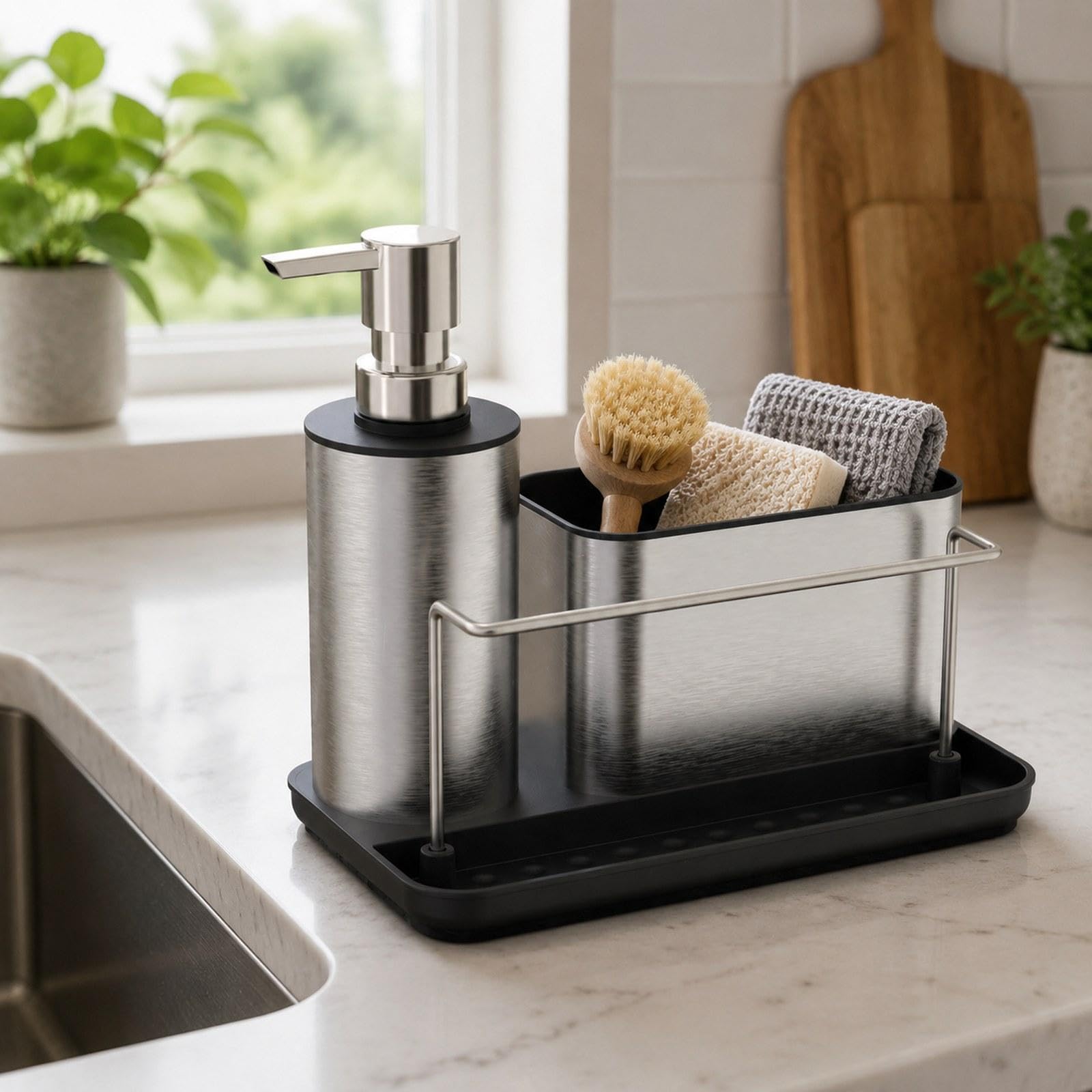 Colcolo Set Dispenser di Sapone per Cucina, Organizer per Bagno, Dispenser di Sapone Liquido Compatto E Multifunzionale con Ripiano Portaoggetti per Ristorant