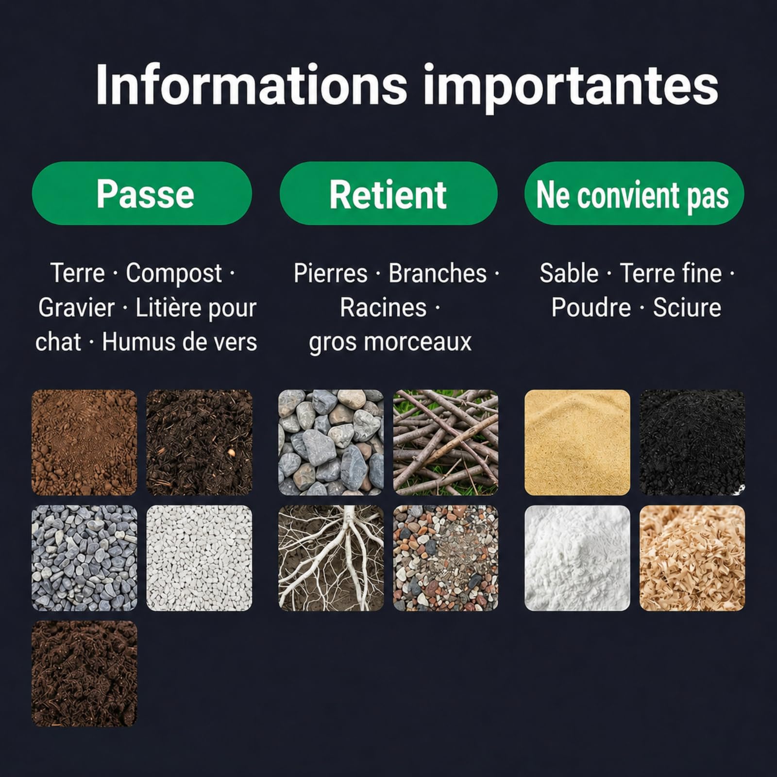 Tamis de jardin - Double poignées de 3,5 cm pour grandes mains - Diamètre : 30 cm - Pour seau de 18 l - Filet en acier galvanisé de 1 mm - Maille de 6 mm - Pour jardin et plantes en pot