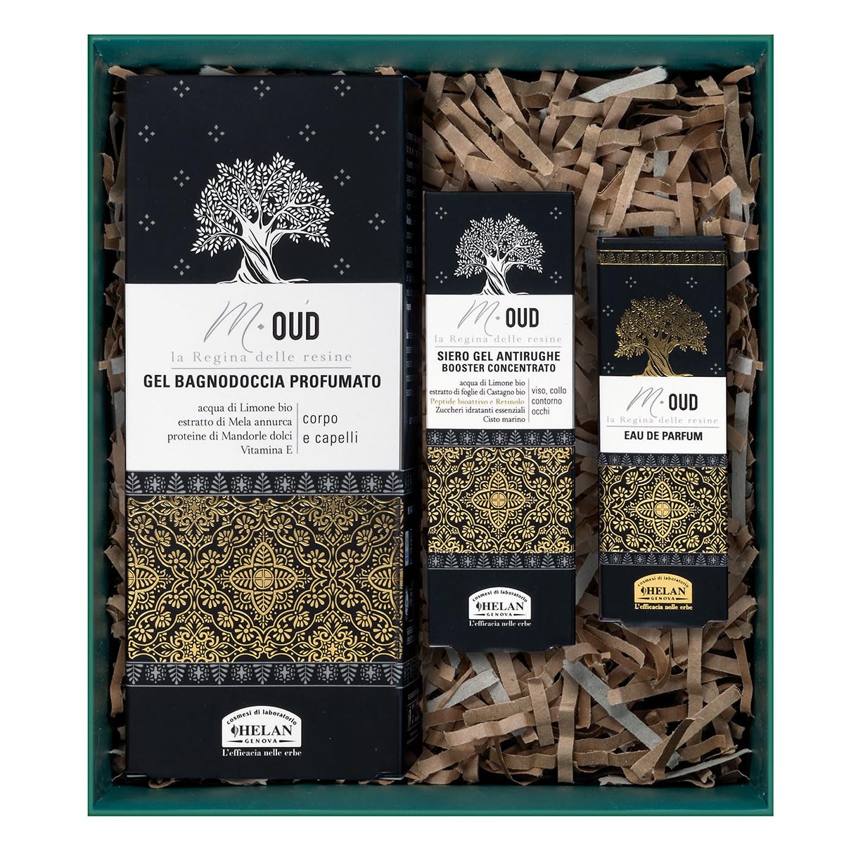 Helan, M Oud - Cofanetto con Profumo Uomo 10 ml + Shampoo e Bagnoschiuma Gel con Mandorle Dolci e Vitamina E 200 ml + Siero Viso Contorno Occhi Antirughe con Retinolo, 30 ml - Ideale per Regalo Uomo