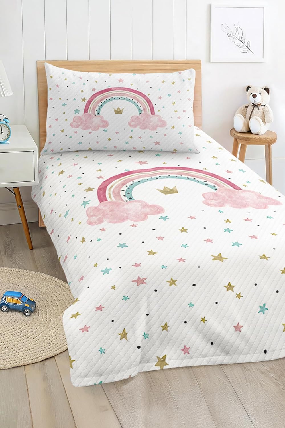 SODEF Bedding Set Rainbow and Cloud Pattern Pink Kids and Teens Room Quilt Set Bedspread, 2 Piece Cotton Polyester Blend Breathable - Pink, One Size