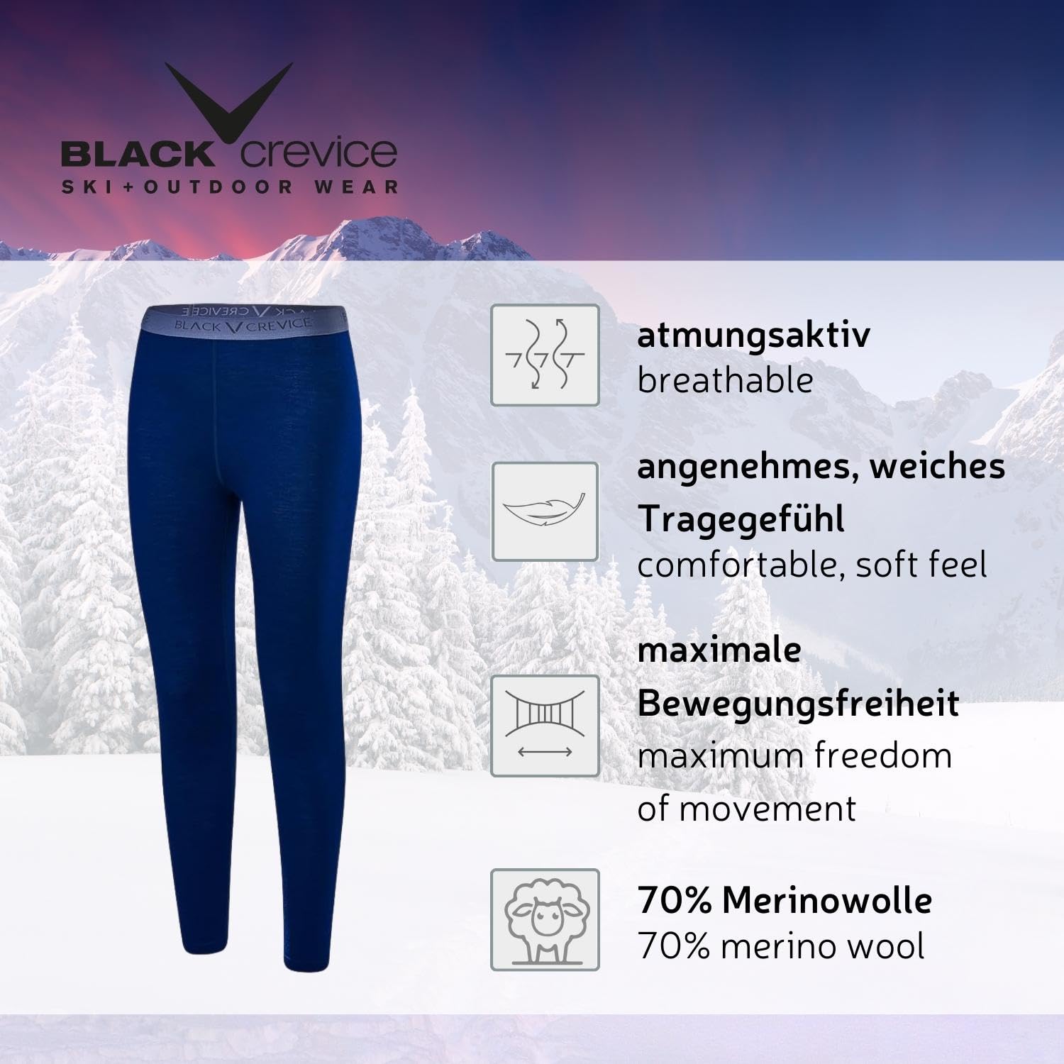 Black Crevice Leggings da Donna in Lana Merino I Intimo di pregio in Lana Merino da Donna I Intimo da Sci in Lana Merino da Donna in 70% Lana Merino e 30% PES I Pantaloni Intimi Termici