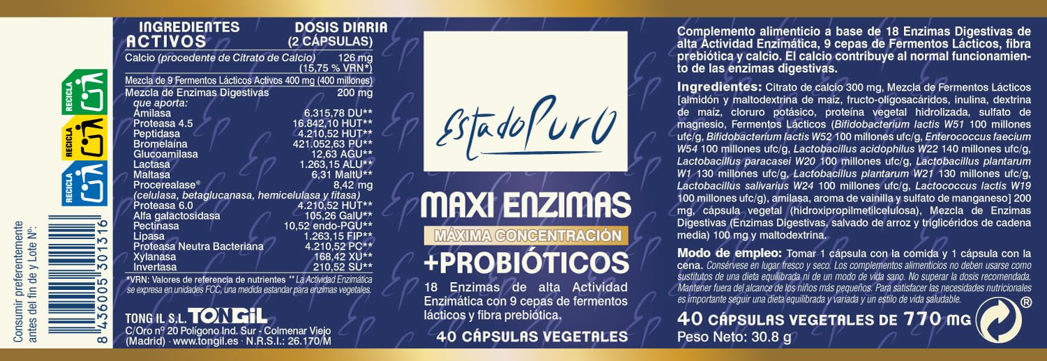 Enzimas Digestivas Estado Puro | 18 Enzimas Digestivas con Probióticos + Prebióticos | Mejora la digestión y la Absorción de Nutrientes | Sin Gluten | 80 Cápsulas Vegetales | TONGIL