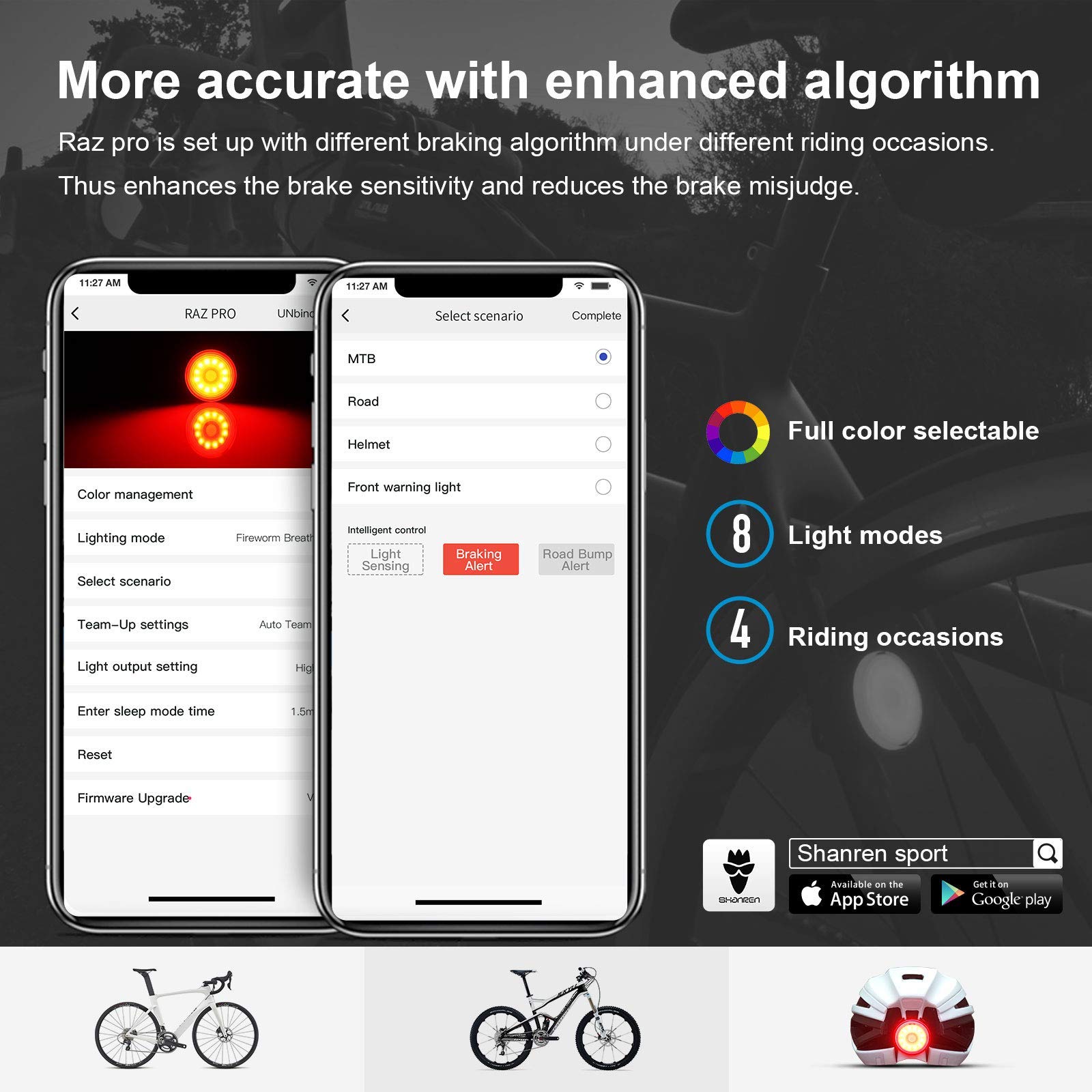 SHANREN Raz Pro Smart Lampe arrière pour vélo, Alertes de freinage, Sync d’équipe-Auto avec capteur de lumière, Supports optionnels pour Tige de siège/Selle/Casque, Lumière LED étanche Rechargeable