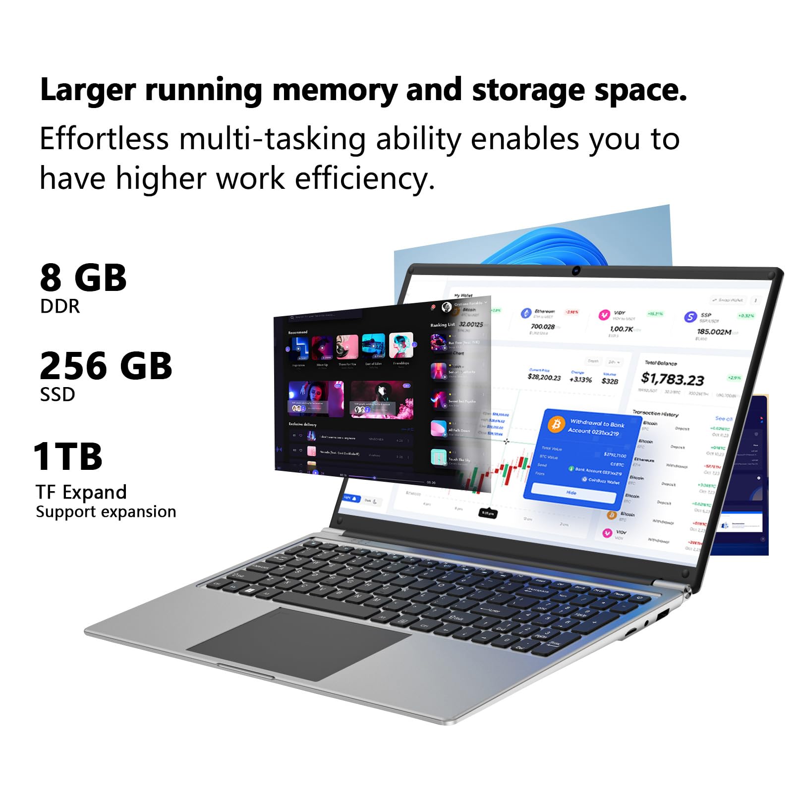 16-Zoll Laptop 8GB DDR RAM 256GB SSD AMD A9-9400 Radeon R5 Prozessor 3,2 GHz 9000mAh Akku USB 3.0 Dual-Band WLAN Webcam