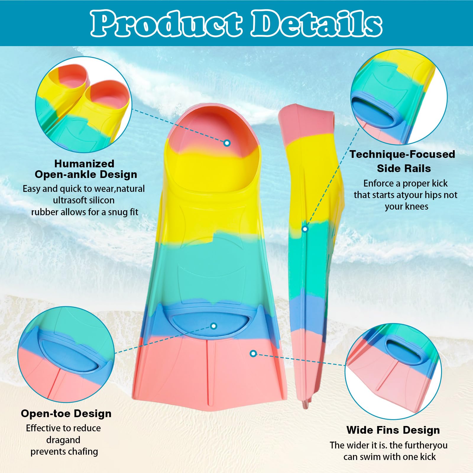 Aletas de natación para niños, 100% silicona, aletas de entrenamiento, aletas de natación para niños y adultos, entrenamiento de agua abierta, snorkeling