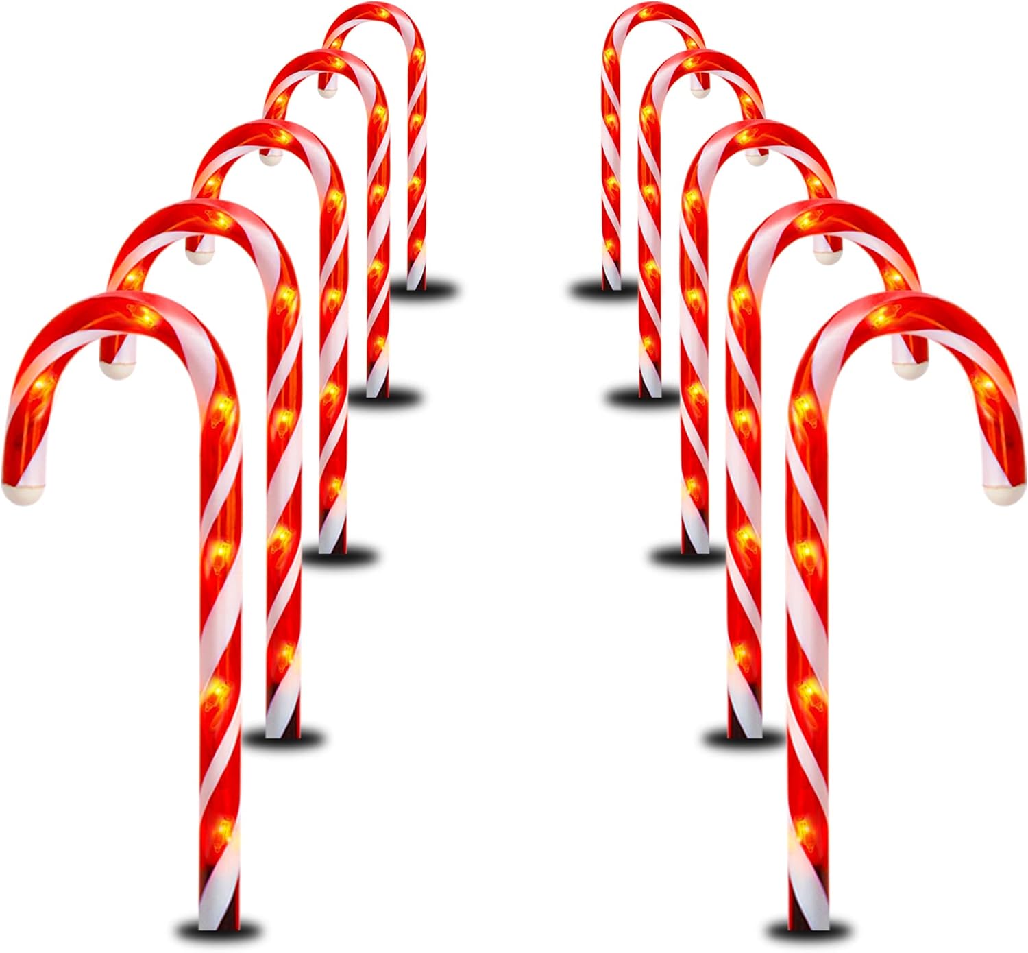 FUNPENY 10.6" Christmas Candy Cane Pathway Markers Lights, Set of 10 Connectable Christmas Walkway Stakes Lights with 60 Warm White Lights Decorations for Xmas Outdoor Indoor Yard Lawn Decor