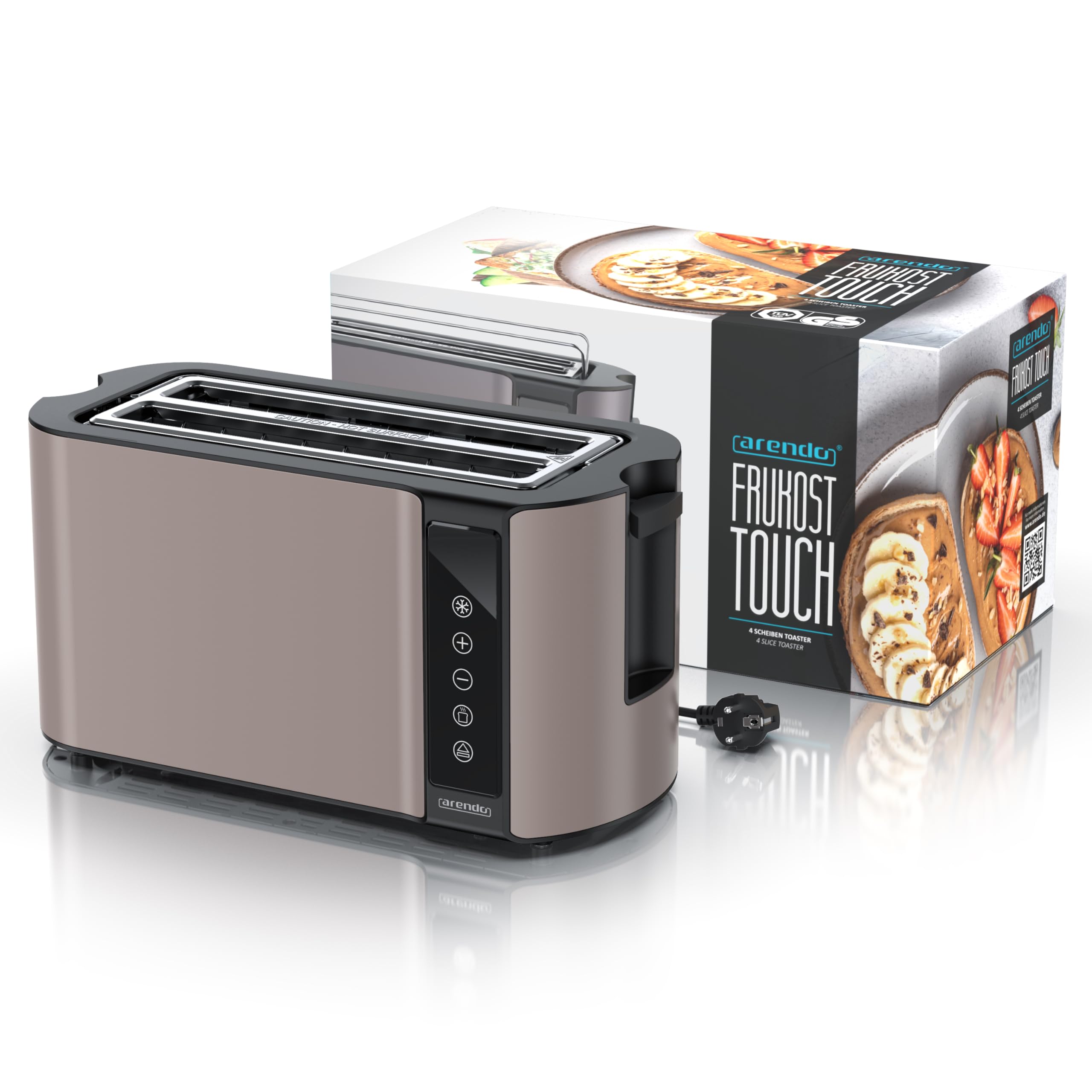 Arendo - Edelstahl Toaster Langschlitz 4 Scheiben- Touchscreen – Doppelwandgehäuse – 1500 W – Integrierter Brötchenaufsatz – 7 Bräunungsgrade – Brotzentrierung – Restzeitanzeige – Memoryfunktion