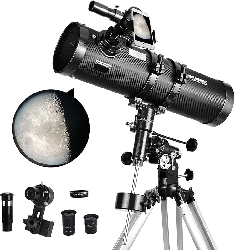 SOLOMARK 130mm Newtonian Teleszkóp Német Ekvatoriális Állvánnyal - 650mm Fókusztávolság, Mobiladapterrel, Barlow Lencsével, Csillagászati Me