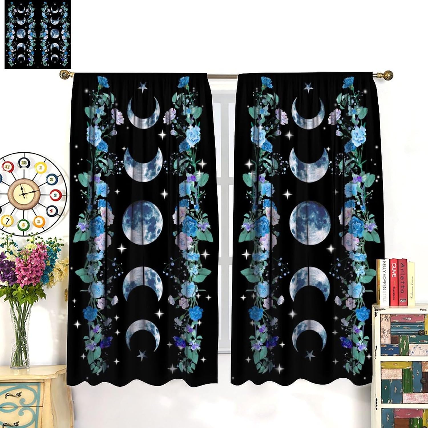 Boho Moon Floral Curtains Blue Flower Wildflower Rod Pocket Moon Phase Moonlit Garden Witchy Gothic Aesthetic Spring Nature Window Treatment Drapes Set for Bedroom Living Room Decor 52x84in