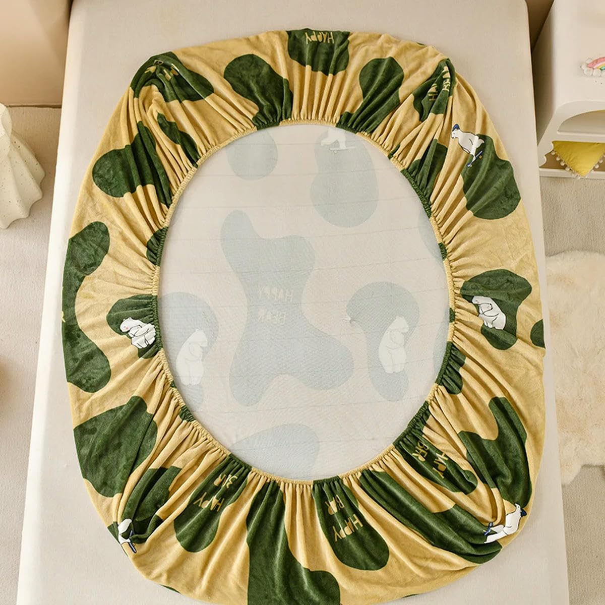 Juego de sábanas ajustables geométricas verdes súper cálidas de 3 piezas para el invierno, sábana de terciopelo con diseño de oso de dibujos animados para niños y niñas, funda de cama de 90 x 200 cm x