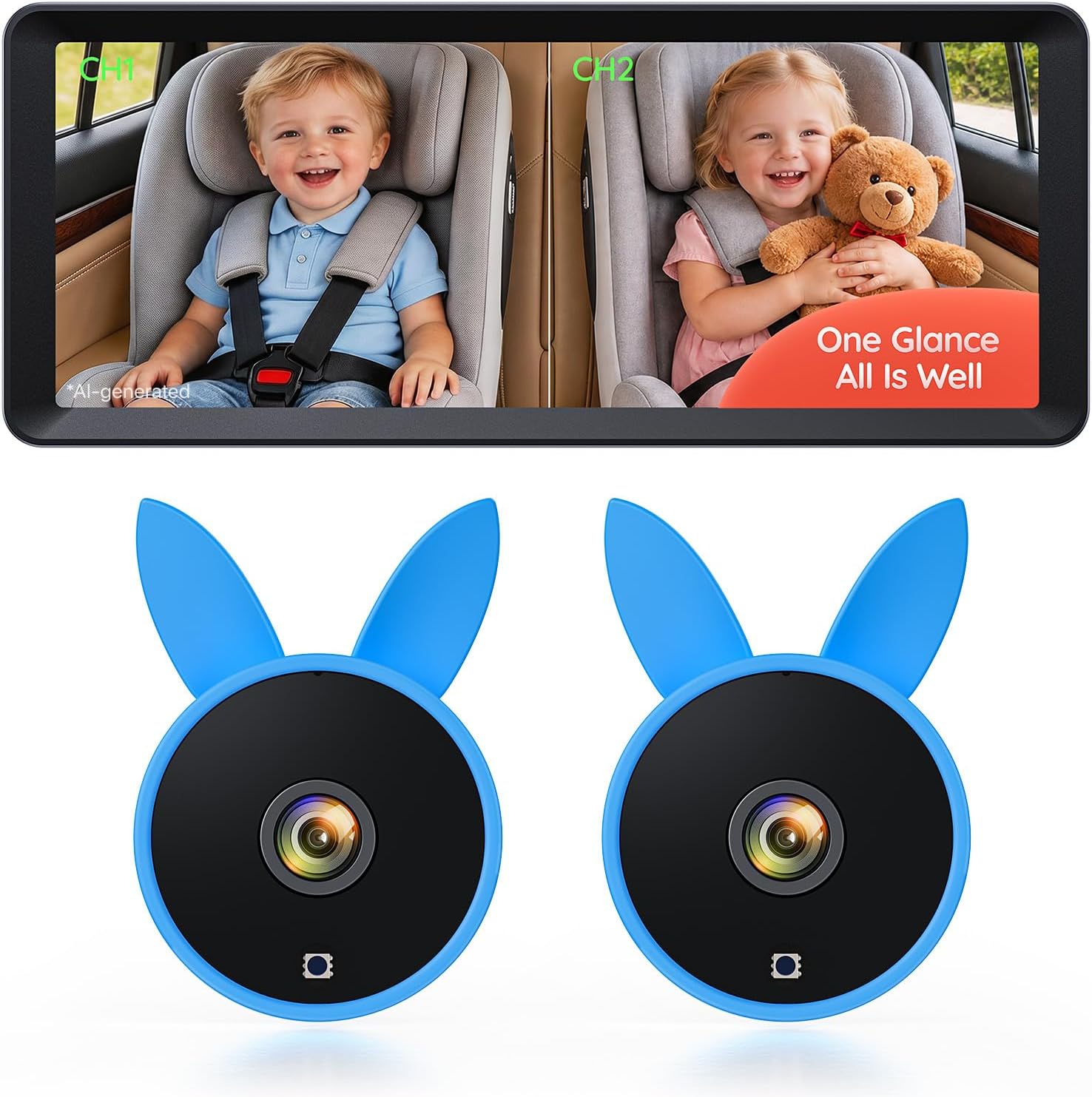 Babyvue Double Car Camera Baby Monitor for 2 Kids Split Screen 7.2"