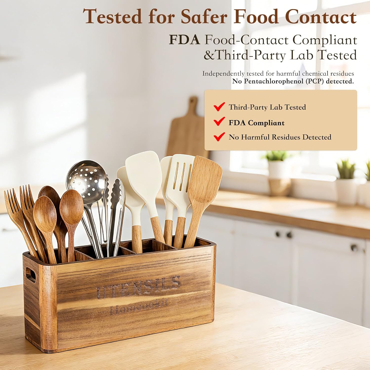 Utensil Holder for Kitchen Countertop, Extra Large Acacia Wood Organizer, 4-Compartment Storage for Cooking Tools, Farmhouse-Style Cutlery Holder