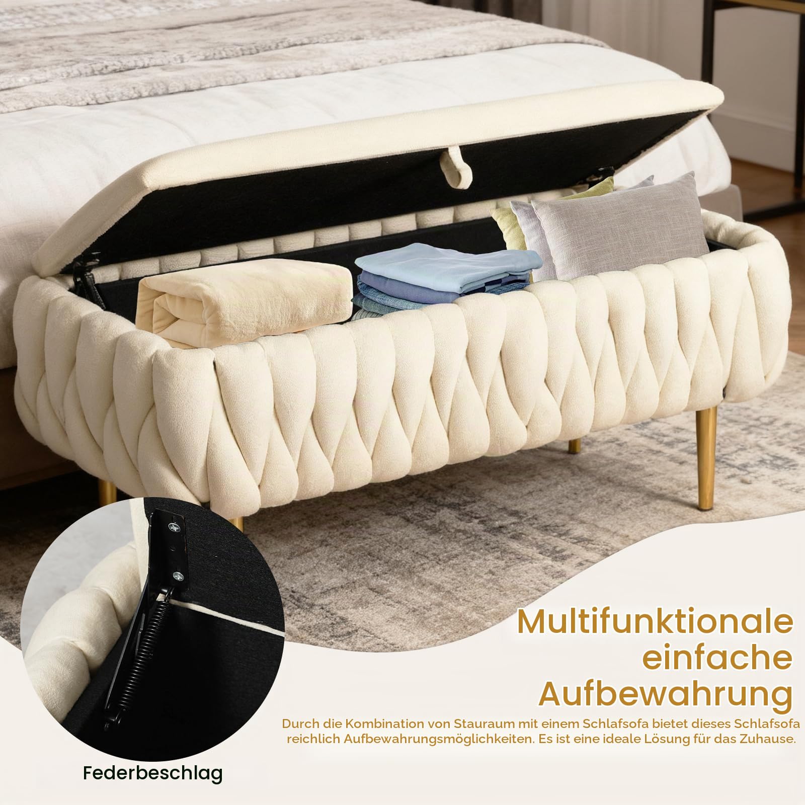 Hocker mit Stauraum, Pouf mit Stauraum, Flurbank, Sitzbank Stauraum, Aufbewahrungsbank, bis 300 kg Belastbar, Hockerbank für Wohnzimmer, Flur, Schlafzimmer (Weiß)