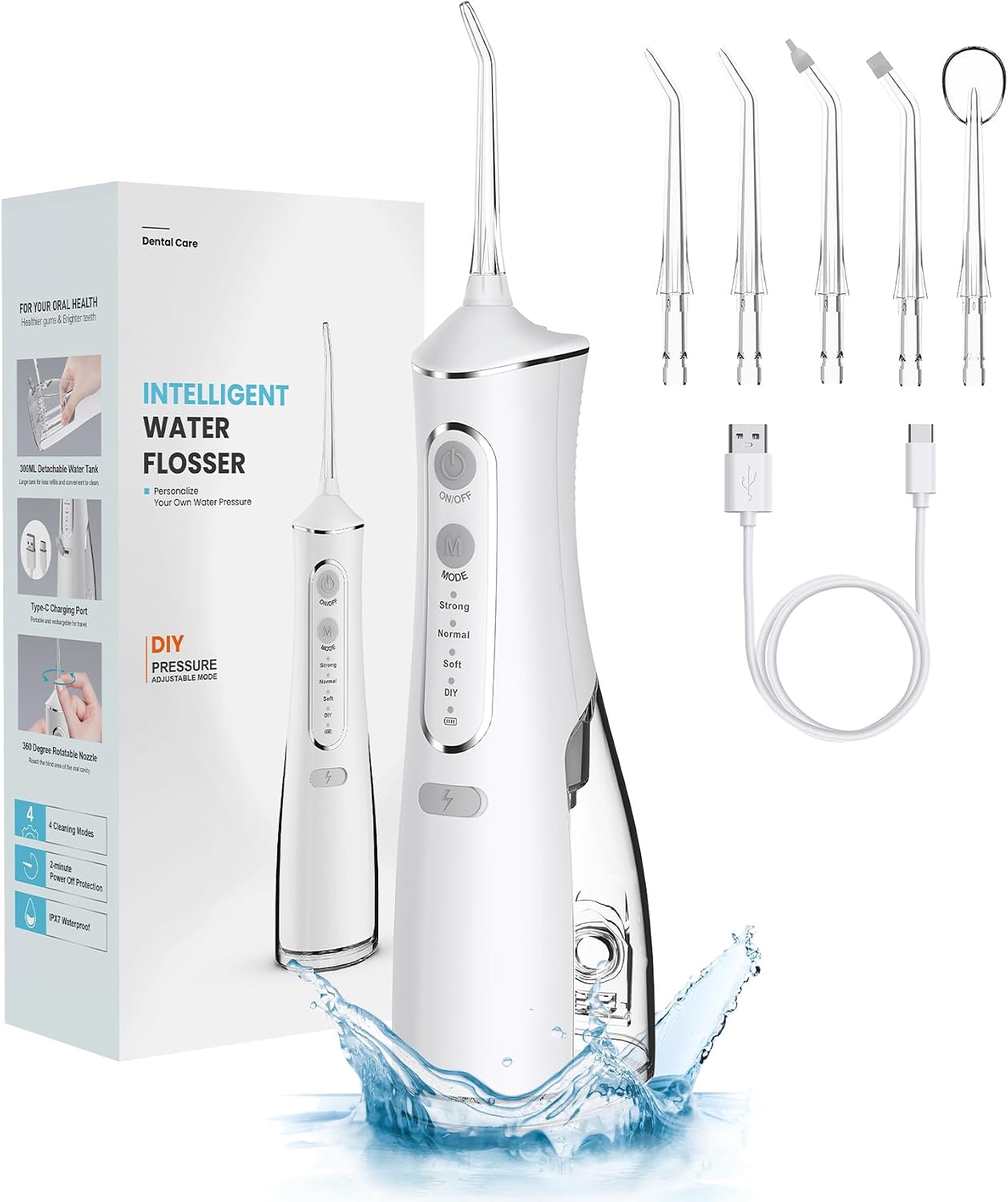 Water Dental Flosser Pick for Teeth, 300ML Portable Oral Irrigator, Rechargeable Travel Irrigation Cleaner, Professional Electric Flossing Cleaning Picks for Teeth Cleaning,IPX7 Waterproof