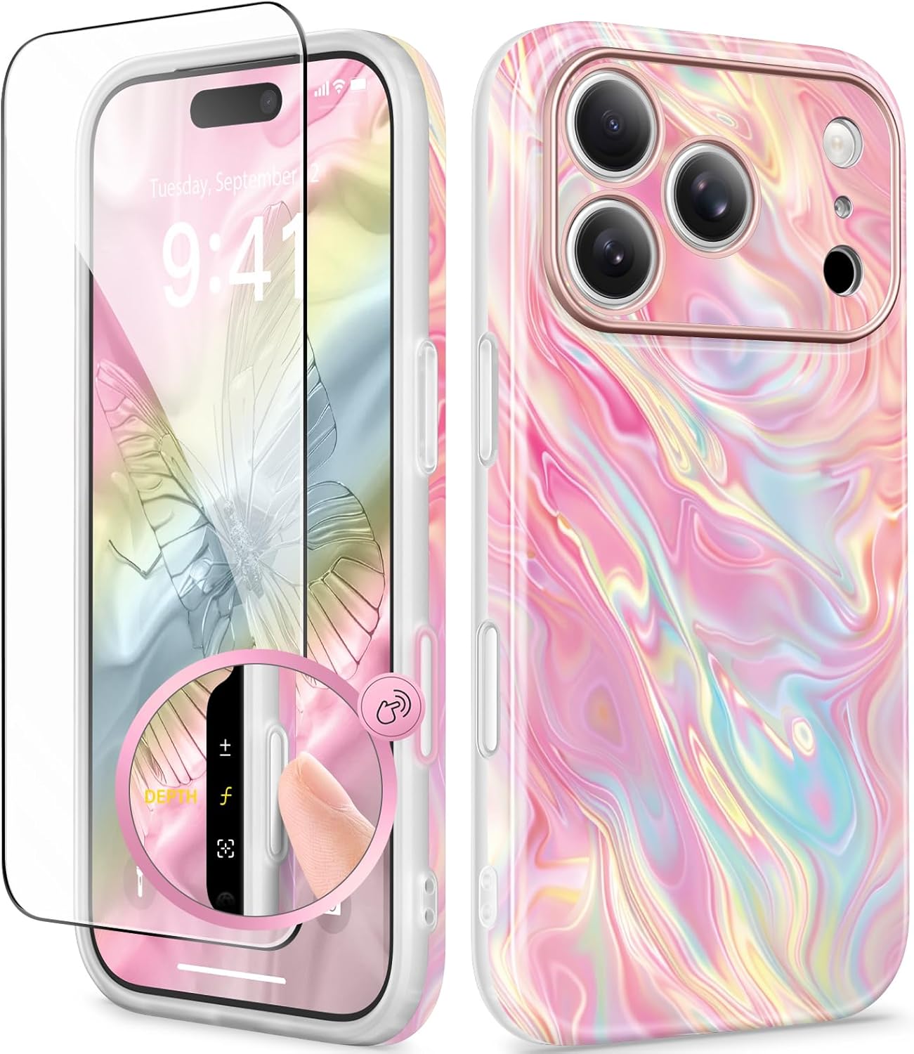 GVIEWIN for iPhone 17 Pro Case Compatible with MagSafe, with Screen Protector [Full Camera Protection] Military-Grade Shockproof Slim Magnetic Marble Phone Case for 17 Pro 6.3", Dreamy/Pink