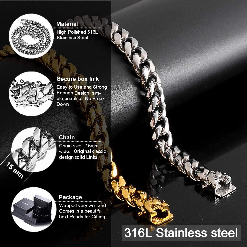 Jewelry Kingdom 1 Mens Necklace or Bracelet, Cuban Link Chain, Big and Heavy Miami Chain 15MM, High Polishing Stainless Steel Curb Chain Choker for Boys and Bikers 8-30inches - Image 5