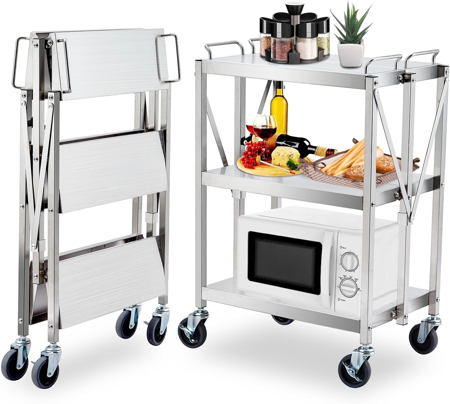 3-Tier Folding Utility Cart, Foldable, Heavy Duty Stainless Steel Kitchen Cart with Rolling Wheels, 300 LB Capacity Storage Tool Tiers, Small Metal Push Cart, for Home Restaurant Service