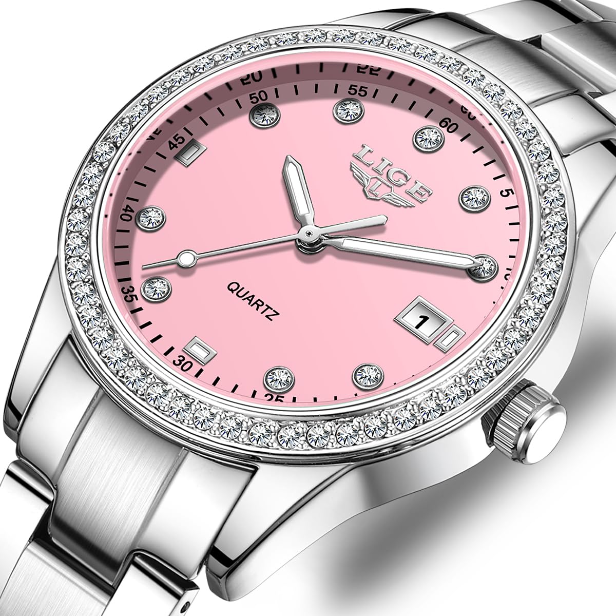 LIGE Damen Armbanduhr Quarz Analog Kristall Lünette 34mm Zifferblatt | mit Silber Metallarmband Leuchtzeiger Datumsanzeige 30M Wasserdicht Kratzfest Glas Luxus Mode Uhr Geschenk für Frauen