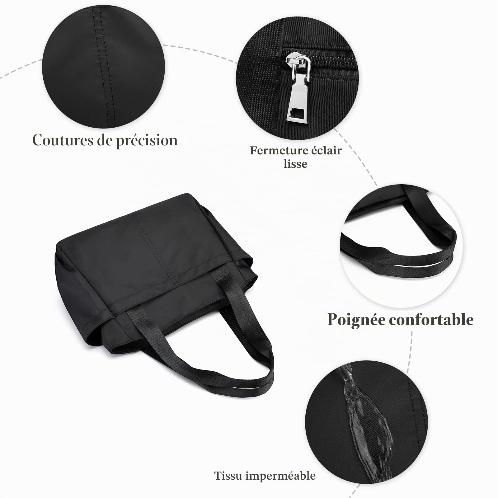 Sac D'épaule Nylon Sac à Main Femmes Sac Fourre-Tout Sac Cabas pour Shopping Voyage Travail Usage Quotidien Noir