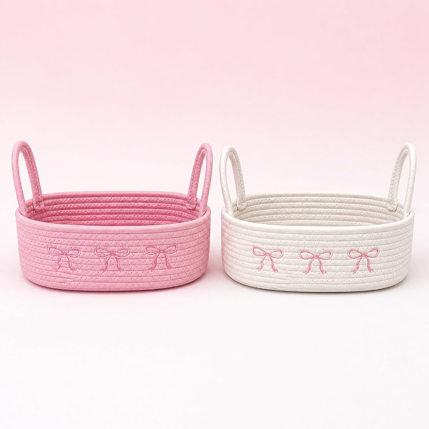 Pink Bow Woven Storage Basket for Toilet Tank Top, Cotton Rope Bathroom Organizer with Handles, Oval Decorative Basket for Toilet Paper, Towels, Vanity, Nursery & Bedroom Storage
