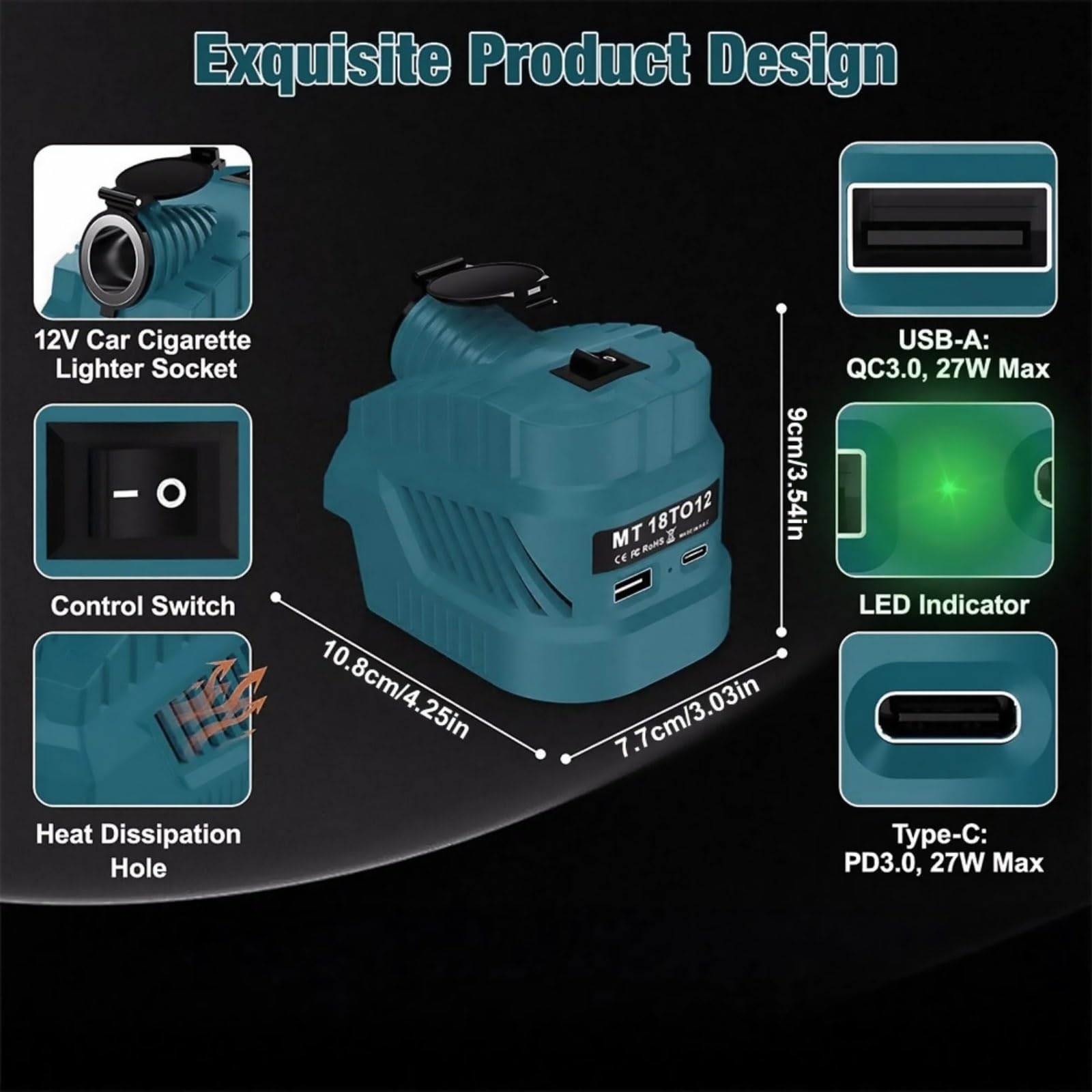 Adaptador de encendedor de cigarrillos, convertidor reductor de 18 V a 12 V para Makita LXT BL1815, BL1815B, BL1820, BL1820B, BL1830, BL1830B, BL1840, BL1840B, BL1850