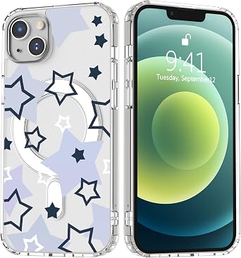 Cute Purple Star Magnetic Clear Phone Case for iPhone 13,Girly Durable Protective Shell Transparent Unique Design Soft TPU Bumper Slim Shockproof Cover with Built-in Magnet Ring