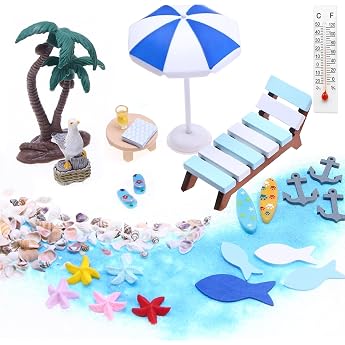 Pack of 22 Beach Micro Landscape Beach Decoration Miniature Set Mini Deck Chair Small Table Umbrella Palm Tree Decoration Summer Mini Shell Miniature Decoration Accessories for DIY Garden