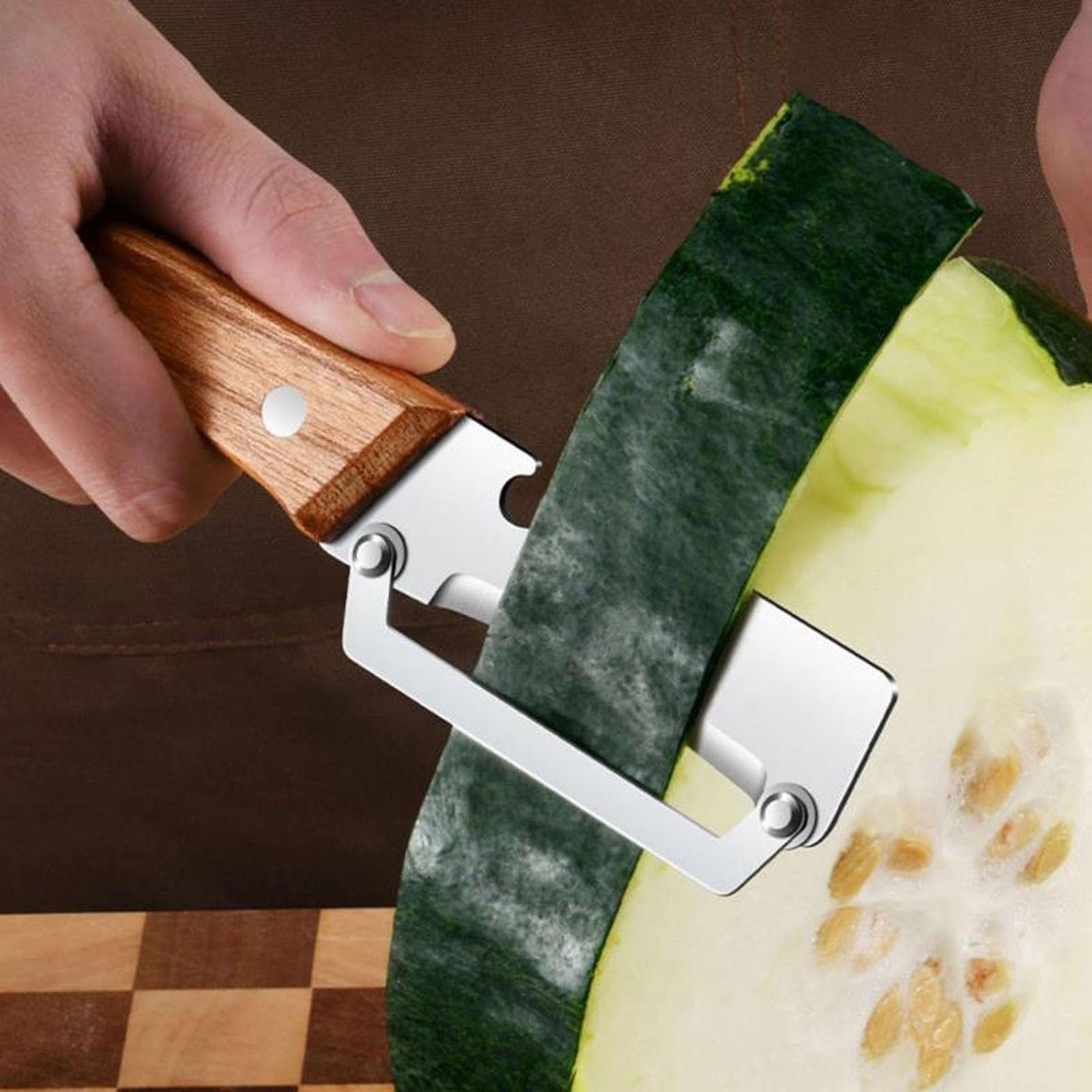 Pelapatate Multifunzionale, Multi-Functional Vegetable Peeler, Pela Patate multifunzionale in acciaio inossidabile per la cucina con manico in legno e apribottiglie (2PC) - 4