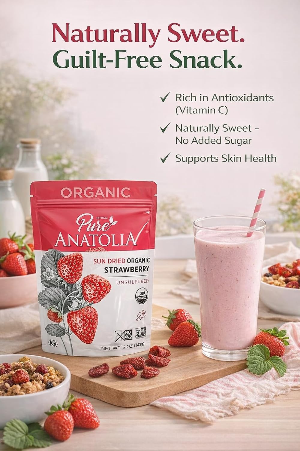 Pure Anatolia Organic Dried Strawberries No Sugar Added - Soft Dehydrated Strawberries with Organic Apple Juice - Non-GMO, Sulfur Free, Vegan, Kosher - 5 oz Resealable Pack, 6 Pack
