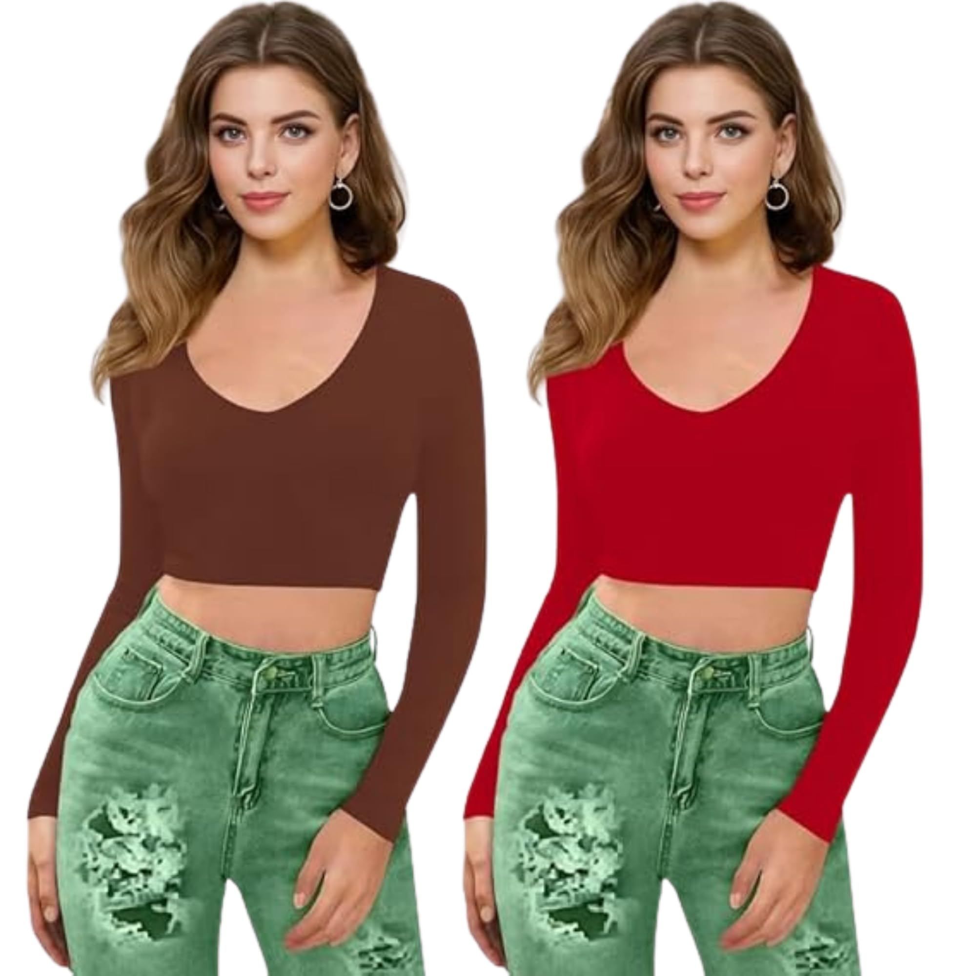 Casual Polyester Blend V Neck Regular Long Sleeves Styalish Solid Crop Top (Pack of 2) Combo-01-Baati-P