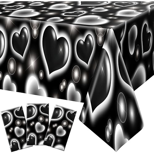Tudomro 3 Pack Valentines 2000s Tablecloth Decoration 54 x 108 Inches Cholo Party Table Cover Y2k Party Decoration Heart Disposable Table Decor for Birthday Galentines Supplies(Black)