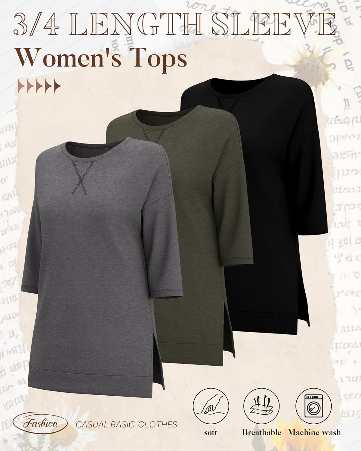 Huukeay 3 Pack 3/4 Length Sleeve Women's Tops Side Slit Tunic Loose Fit Round Neck Tee Shirt Ladies Casual Basic Fall Clothes - Image 3