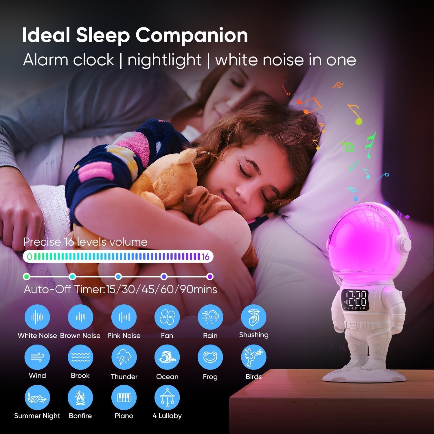 The AFEXOA BL60 Sunrise Wake Up Alarm Clock emitting a pink light, with a child sleeping and icons representing 21 soothing sounds like white noise, ocean, rain, and lullabies, indicating precise 16-level volume control and an auto-off timer.