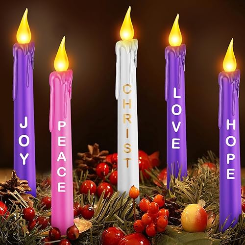 Juego de 5 velas LED de Adviento sin llama, velas de Adviento de Navidad con palabras, esperanza, paz, amor, alegría, Cristo, morado, rosa, blanco,