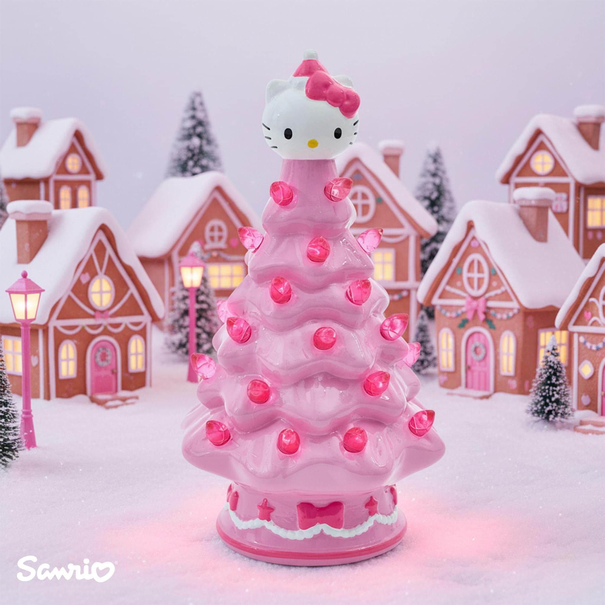 Ukonic Sanrio Hello Kitty Pink Light-Up Ceramic Christmas Tree | Battery-Powered Mood Light | 6 Inches Tall
