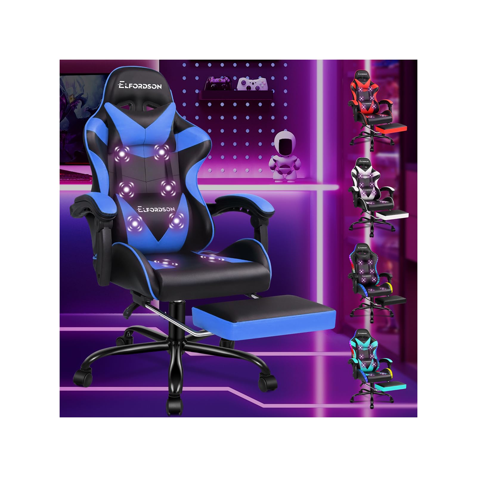 ELFORDSON Massage Gaming Chair for Kids Adults, Ergonomic Computer Office Chairs with Headrest, Lumbar Cushion, Footrest, High Back 150° Reclining, 360° Swivel, PU Leather, Blue